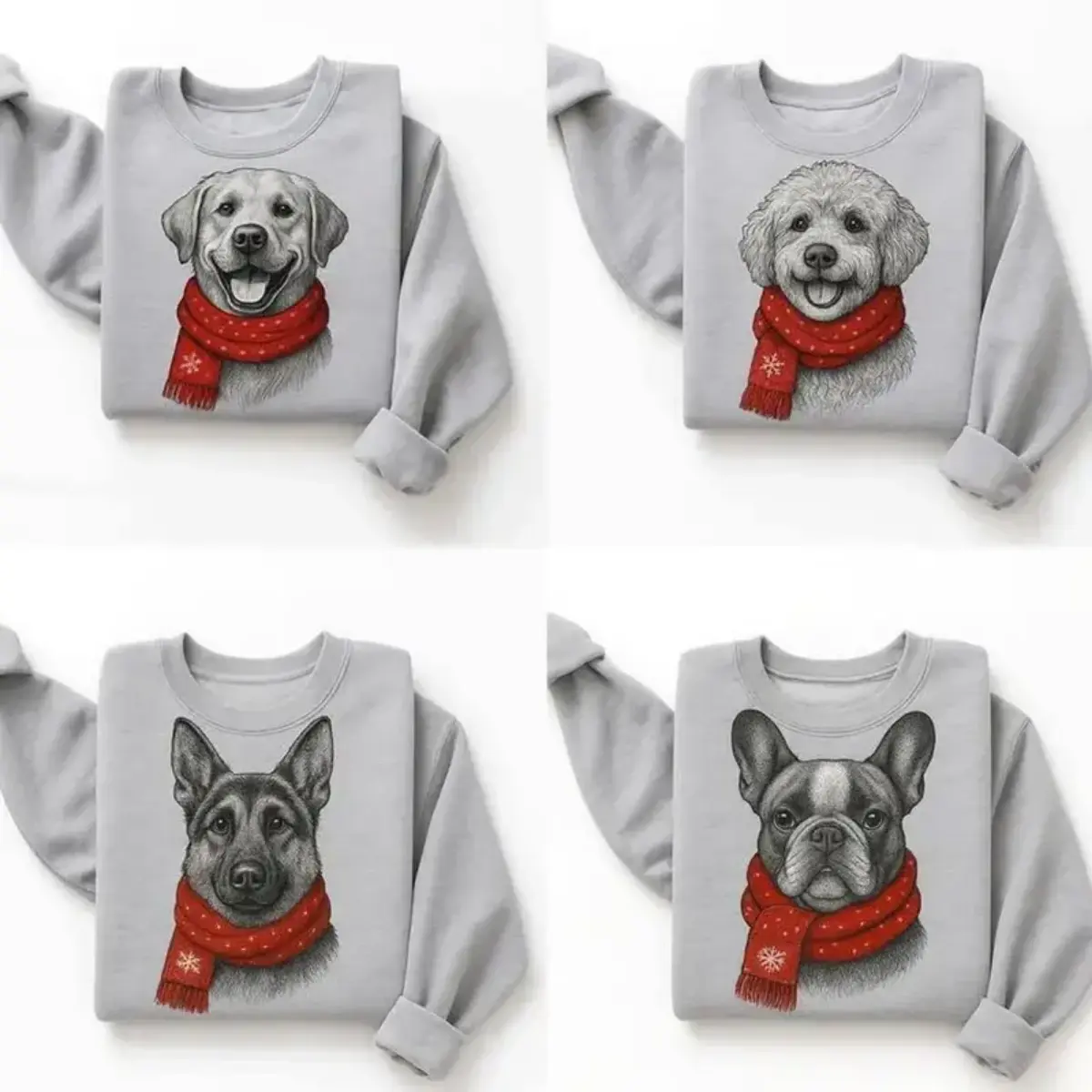 Christmas 50+ Dog Breeds Sweatshirt - Pet Portrait Wearing Red Snowflake Scarf Graphic , Multiple Dog Breed Options For Pet Owners , Winter Holiday Crewneck For Women And Men , Christmas Party Top , Xmas Gift For Dog Moms Dads And Dog Lovers