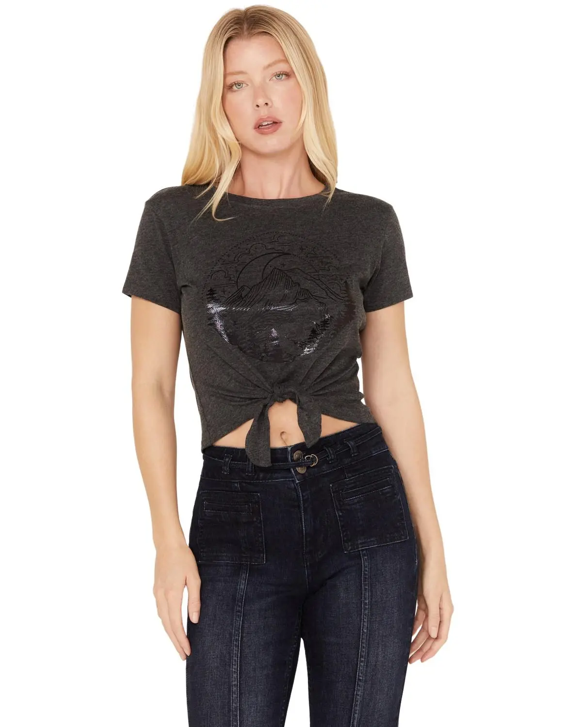 Shyanne Women's Tie-Front Foil Mountain Graphic Tee - Swho22k34