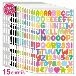 15 Sheets/1350 Pcs Cartoon Letter Stickers Set, Adhesive Stickers, DIY Scrapbooking Materials, Decorative Letter Stickers Back To School