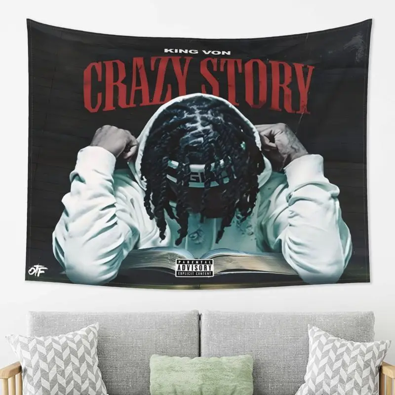 King Von Crazy Story Tapestry - Polyester Peach Light Beige Fabric, Stylish Lightweight Anti-Wrinkle Durable Portable Wall Hanging with Easy Hang Hooks, Horizontal Artistic Bedroom Dorm Decor, Unique Gift for Friends
