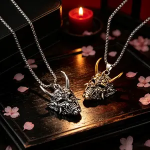 Japanese Hannya Demon Mask Gothic Romantic Necklace - Silver-Gold Horn Samurai Pendant, Zinc Alloy, Men's Jewelry, Dark Aesthetic Gift, Gothic Romantic Necklaces