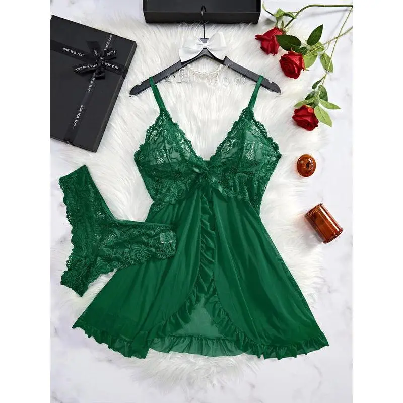 Women's Contrast Lace Ruffle Trim Wrap Cami Nightdress & Bow Front Panty  Set, Adjustable Spaghetti Strap Backless Nightgown & Knicker Set, Ladies  Nightwear - TikTok Shop