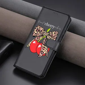 Cherries Fo iPhone 16 15 14 13 11 12 Pro Max Plus Fashion Leather Case with Card Slot, Suitable for High end Business Users Black Leather