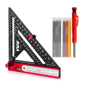 6 in 1 Rafter Square with Carpenter Pencil, 7in Rafter Square Multi-Purpose Carpenter Tools:Square,Protractor, 1/16" Precision Steel Ruler,Marking Gauge,T-Bevel Gauge,Bubble LevelSurfoze