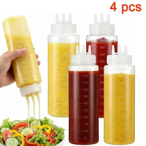 Pack of 4 Seasoning Squeeze Bottle, Syrup Dispenser, Cream Dispenser, 3-Hole Design, Leak-Proof, Suitable for Sauces and Condiments, Ideal for Storing Oil and Syrup,Kitchenware.