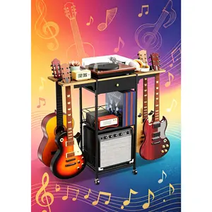 【HUOMAQFAN】 3-Tier Rolling Guitar Stand with Wheels, Multifunctional Floor Rack with Drawer & Storage Shelf, Portable Organizer for Electric Acoustic Guitars, Home & Music Studio Use