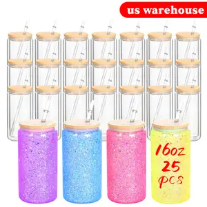 25 Pcs 16oz Snow Globe Sublimation Glass Bottle , Double Wall Glass Drinkware with Pre Drilled Hole, Bamboo Lid, Plastic Straw, Washable Bottled Pink Cup Tumbler Portable Mug Reusable