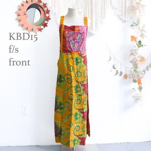 One of a Kind Kantha Bib Dress, Upcycled Cotton Boho Vintage Dress, Long Midi Dress with Pockets, Earthy Colors, Bohemian Kantha Long Dress
