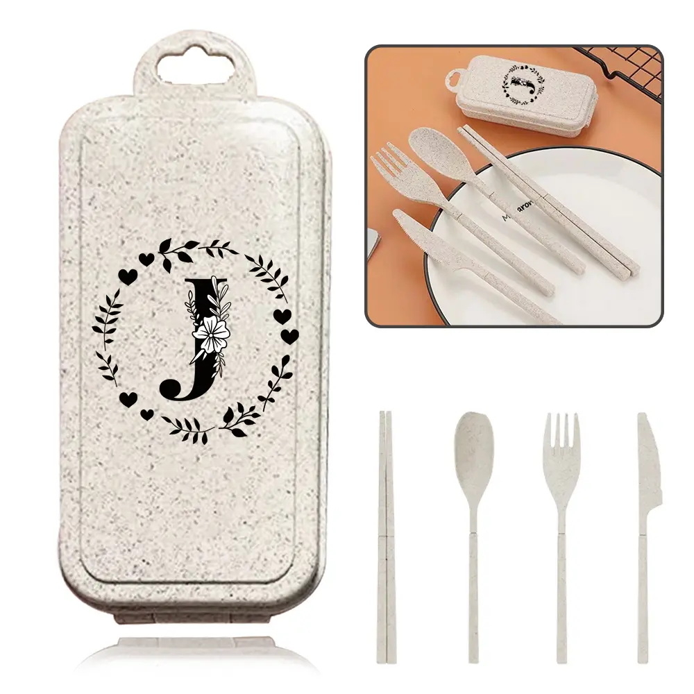 Eco-Friendly Detachable 4-Piece Portable Cutlery Set, Wheat Straw Dinnerware with Foldable Utensils, Ideal for Camping & Home Use
