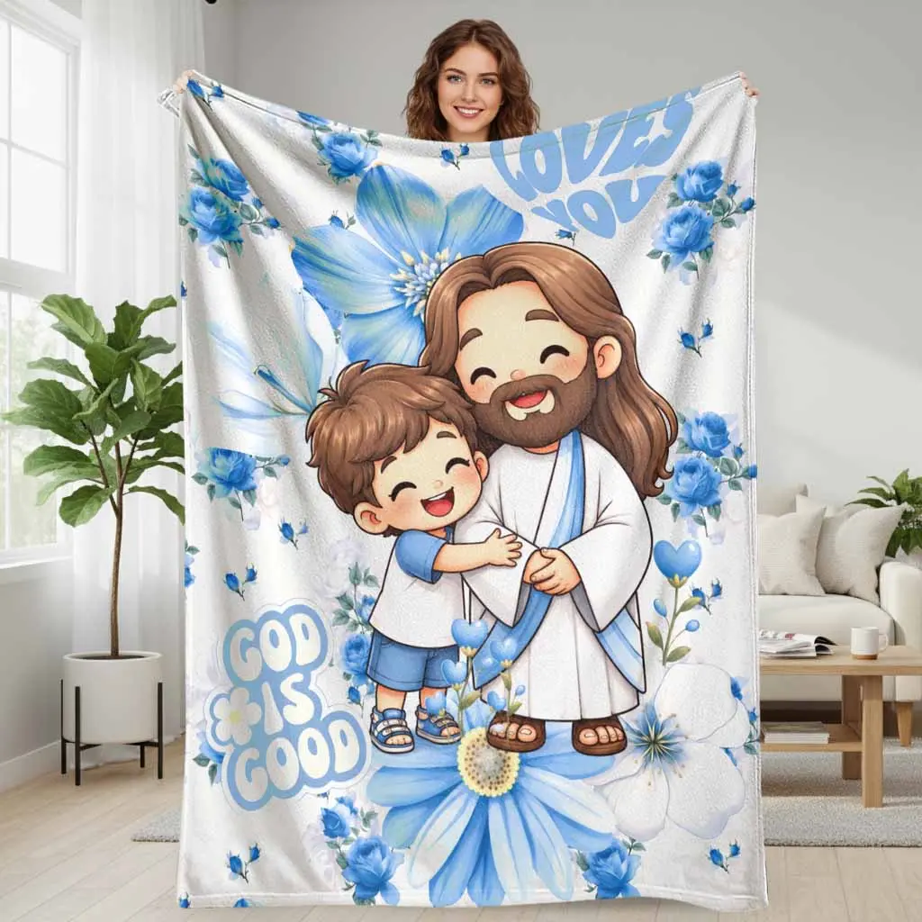 Jesus and person flannel blanket God Is Good blue flower pattern soft plush warm lightweight cozy throw for living room sofa bedroom couch home decor inspirational religious gift