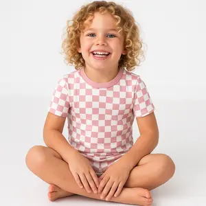 Bamboo Two-Piece Shirt & Short Set Pink Grid Clothes Kids Baby Clothes Girl Eco-Friendly Ultra-Soft Hypoallergenic Vintage Checkerboard Print