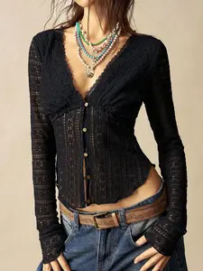 SOLEMN Casual Solid Color Knit Lace Long Sleeve V-Neck Fitted Women Top Lace Cardigan Cowboy Western