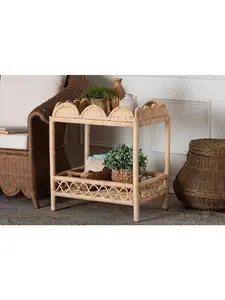 Bali & Pari 193271489756 Eloisa Rattan End Table - Handwoven Wicker 2-Tier Side Table with Scalloped Border for Living Room or Bedroom, Natural Brown