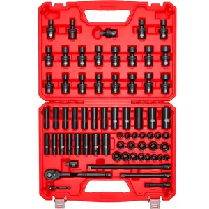 3/8 Inch Drive Impact Socket Set, 67-Piece, 6-Point Shallow And Deep Impact Sockets, SAE (5/16-3/4 Inch) And Metric (8-19 Mm), Swivel Sockets, Adapters, Cr-V And Cr-Mo Steel, Carrying Case
