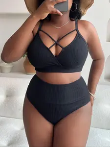 【Plus Size】 Criss Cross Cut Out Bikini Set, Solid Adjustable Strap Swim Top & High Waist Swim Bottom, Bathing Suits, Women's Swimwear for Summer, High Waisted Bikini, Criss Cross Swimsuits, Beach Bikini Set