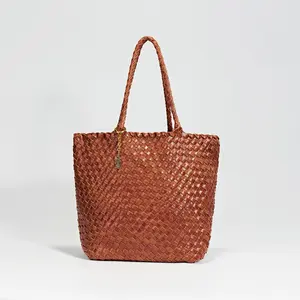 Estrella Woven Chelsea Tote – Large Handwoven Shoulder Bag with Glossy Soft Leather Finish, Perfect for Work or Travel