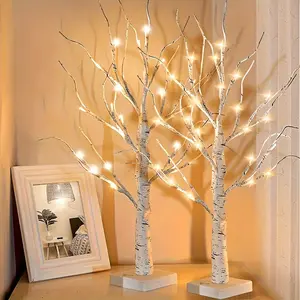 2-Pack 24 LED Warm White Artificial Tree, Freestanding Design for Indoor Living Rooms & Bedrooms, USB & AA Battery Dual Power Supply, Easy Assembly, No Remote Control Needed