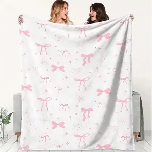 Pink Bowknot Gentle Flannel Fleece Blanket,Sweet Throw Blanket in Light Pink With Pink Bowknots Cover Blanket.Stylish Warm Soft Throw for Outdoor, Gift Blanket for Living Room and Travel. Fleece Throw Blankets