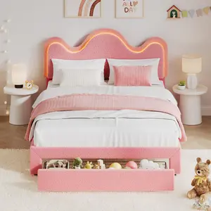 Garvee Queen Bed Frame with LED Headboard and Under-Bed Drawer, Metal Upholstered Platform Bed with LED Light, Lamb Fleece Fabric, Wooden Slats Support, No Box Spring Needed, Pink