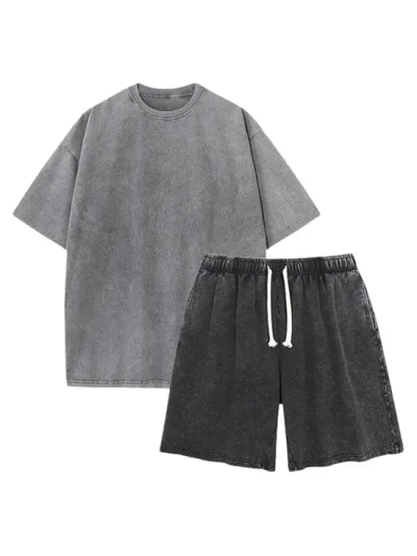 Men's 2-Piece Clothing Set - 100% Cotton Vintage Acid Wash Oversized Crew Neck Plain Tee, Breathable Drawstring Knee Shorts, Casual Soft Summer Loungewear for Daily Street Wear Men's 2-Piece Clothing Set - 100% Cotton Vintage Acid Wash Oversized Crew Neck Plain Tee, Breathable Drawstring Knee Shorts, Casual Soft Summer Loungewear for Daily Street Wear