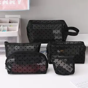 5 Pieces Mesh Cosmetic Bag Set Heart Printed Mesh Portable Mesh Storage Organizer Pouches for Makeup Organizer Home Office Travel Accessories