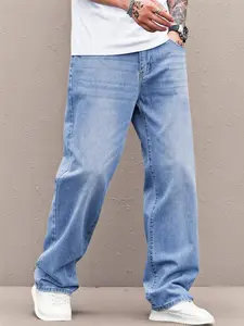 Men's Solid Color Plain Casual Streetwear Loose Denim Jeans Pants, Stylish Fashion Pocket Design, Perfect for Leisure Occasions, All Season Wearable Style