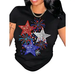 Plus Size Casual T Shirt Red White And Blue Stars Fireworks Print Independence Day Celebration Patriotic Fourth Of July Party Wear 220g