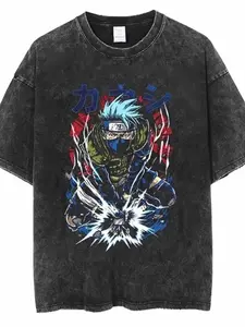 The washable distressed T-shirt with the theme of Kakashi from Naruto, Aesthetic, featuring a vintage technique that presents a distressed texture, the pattern is mainly in blue and green, matching Kakashi's iconic clothing color scheme