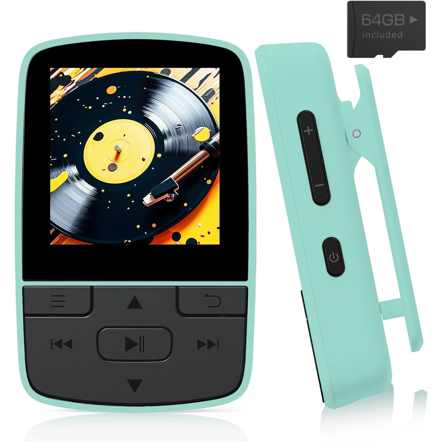MP3 Player with  5.2, 64GB Storage, Mini Size, HiFi Music, with  Clip, Independent Volume Control, FM Radio, Includes Headphones (Green)
