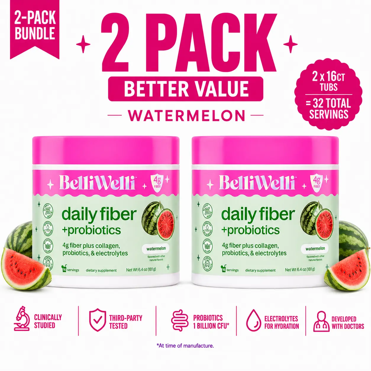 BelliWelli Daily Fiber + Probiotics - Watermelon