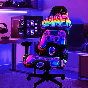 1Set Painted Skull Game Controller Pattern UV Blacklight Reactive Glowing Computer Gaming Chair Cover, Milk Fiber Fabric With Elastic And Detachable Design That Is Machine Washable. Suitable For Office, Bedroom And Game Chair Decoration.