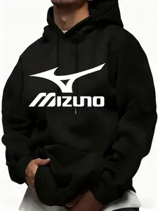 Mizuno Classic Large Logo Hoodie, Sporty Loose Fit Kangaroo Pocket Sweatshirt, Long Sleeve Casual Geometric Pattern, All Seasons, Casual Hooded Sweatshirt