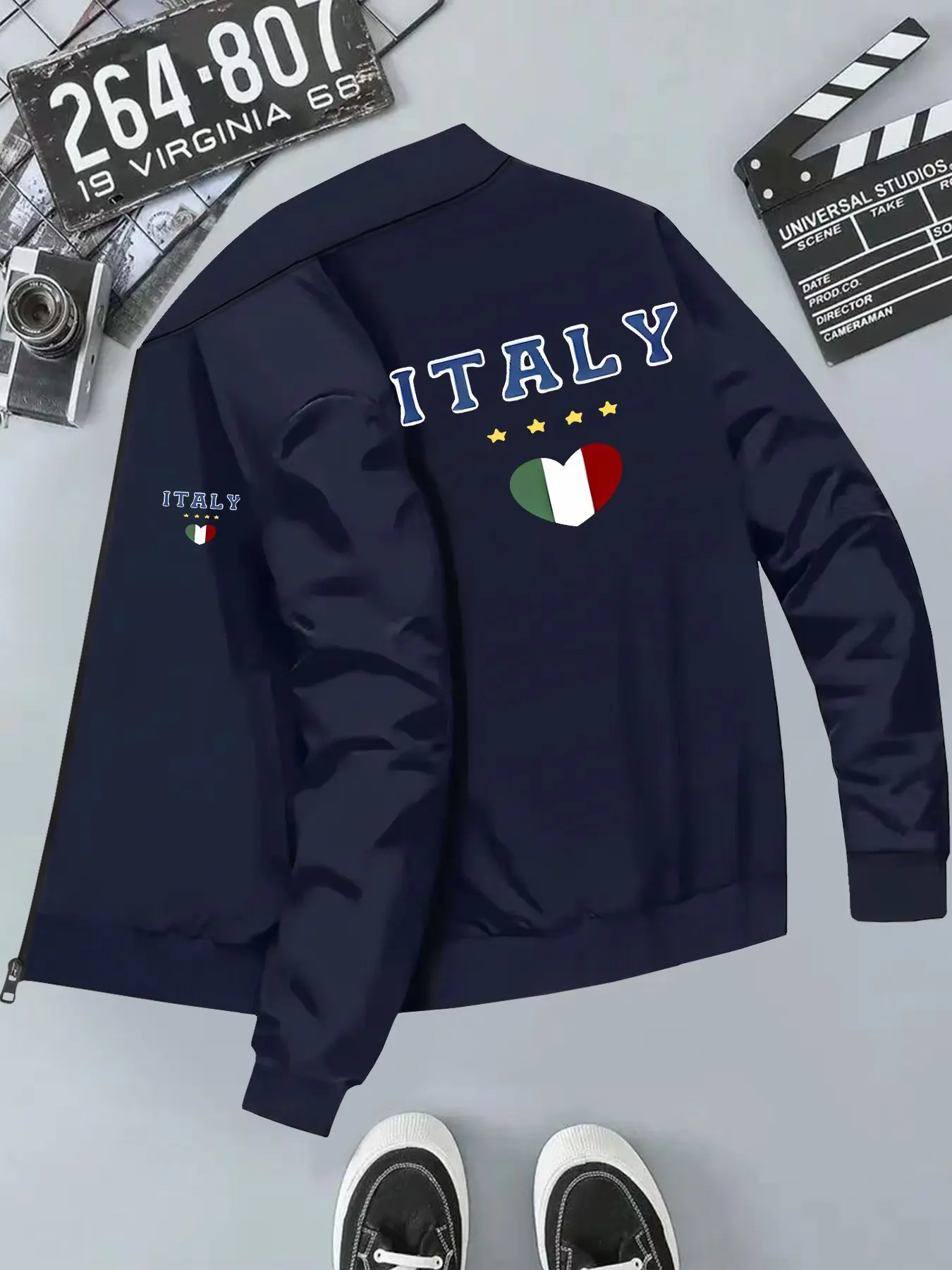 Italian Flag Heart Print Men's Baseball Jacket, Long Sleeve Fitted Outerwear, Casual Geometric Pattern, All Seasons Clothing