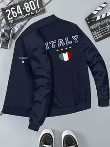 Italian Flag Heart Print Men's Baseball Jacket, Long Sleeve Fitted Outerwear, Casual Geometric Pattern, All Seasons Clothing