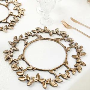 6 Pack Acrylic Plastic Charger Plates in Gold Leaf Wreath Design – 13" Round Decorative Dinner Table Plates