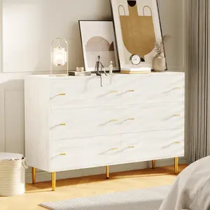 White 6 Drawers Dresser for Bedroom  47.2-Wide Wood Rustic Chest of Drawers with Bar Handles Storage Dressers Organizer for Bedroom/Living Room/Hallway -White