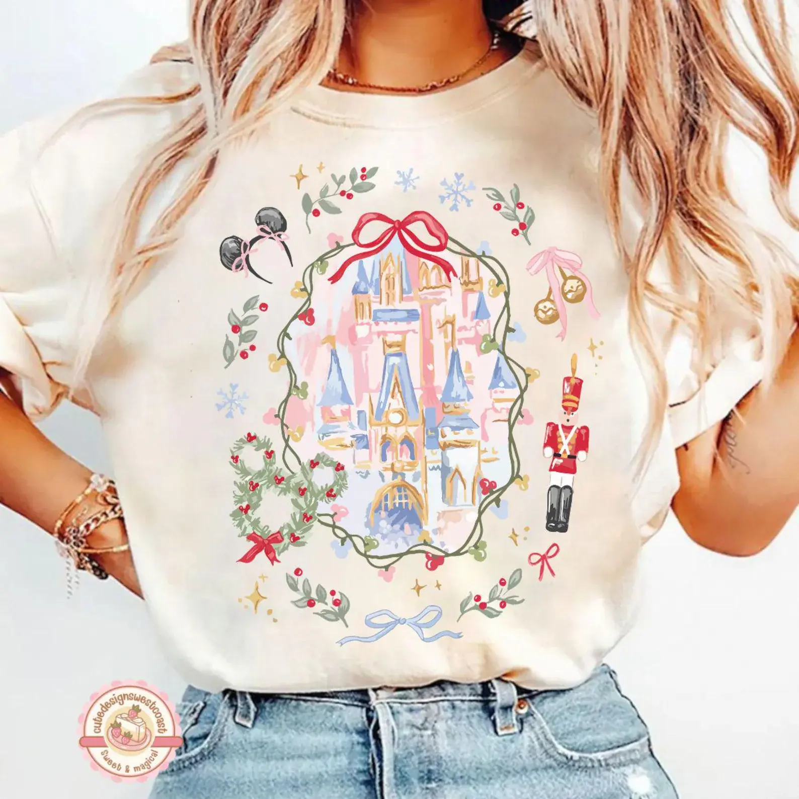 Retro Coquette Bow WDW Castle  Christmas Shirt, Magic Kingdom, Mickey's Very Merry Christmas Party Shirt, Girly Nutcracker Xmas Tee