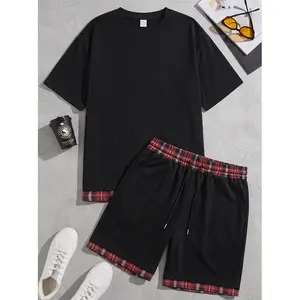 Men’s summer black faux two-piece casual set with red-and-black plaid patchwork: short-sleeve top + shorts two-piece set. Loose, breathable design for everyday versatility.