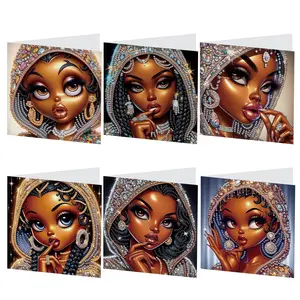 DIY Diamond Art Colorful Painting Birthday Card, 6 Counts/set African American Beauty Pattern Diamond Art Colorful Painting Card with Envelope, Creative Gift, Diamond Painting Kits