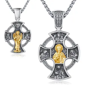 DRINSPER Orthodox Necklace 925 Sterling Silver Jewelry Four Way Cross Necklace Golden Saint Patron Protection Jewelry for Men Women