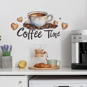 Coffee & Letter Pattern Wall Sticker, 1 Set Self Adhesive Wallpaper, Decorative Sticker for Home Living Room Kitchen Dining Room, Adhesive Stickers