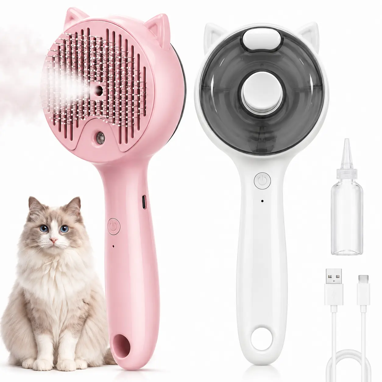 Cat Grooming Shedding Brush with Spray Mist - Self-Cleaning Grooming Tool, 1-Button Hair Release, Steel Bristles, Universal Fit for Cats & Dogs