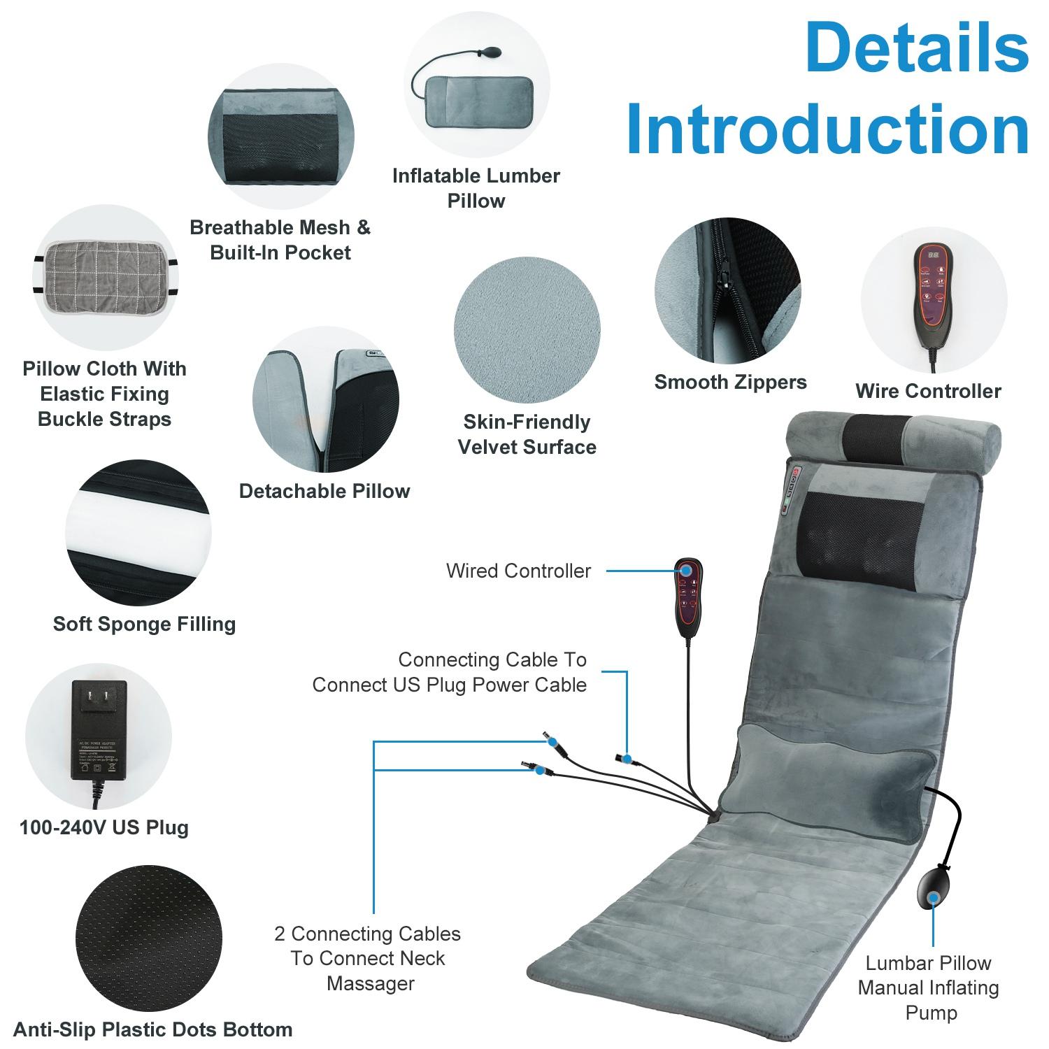 Comprehensive Massage Mat Featuring Heat And a Portable Shiatsu Neck And Back Massager, This Enhanced Massage Mattress Pad Comes Equipped with 10 Vibration Motors, 2 Heating Pads, And 9 Massage Settings, Perfect for Relaxing,deep tissue massage tool