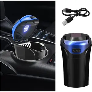 Car Ashtray with Lid, Detachable USB Rechargeable Car Lighter with Blue LED Light, Portable Odor-Proof Stainless Steel Car Ashtray, Mini Car Trash Can (Blue)