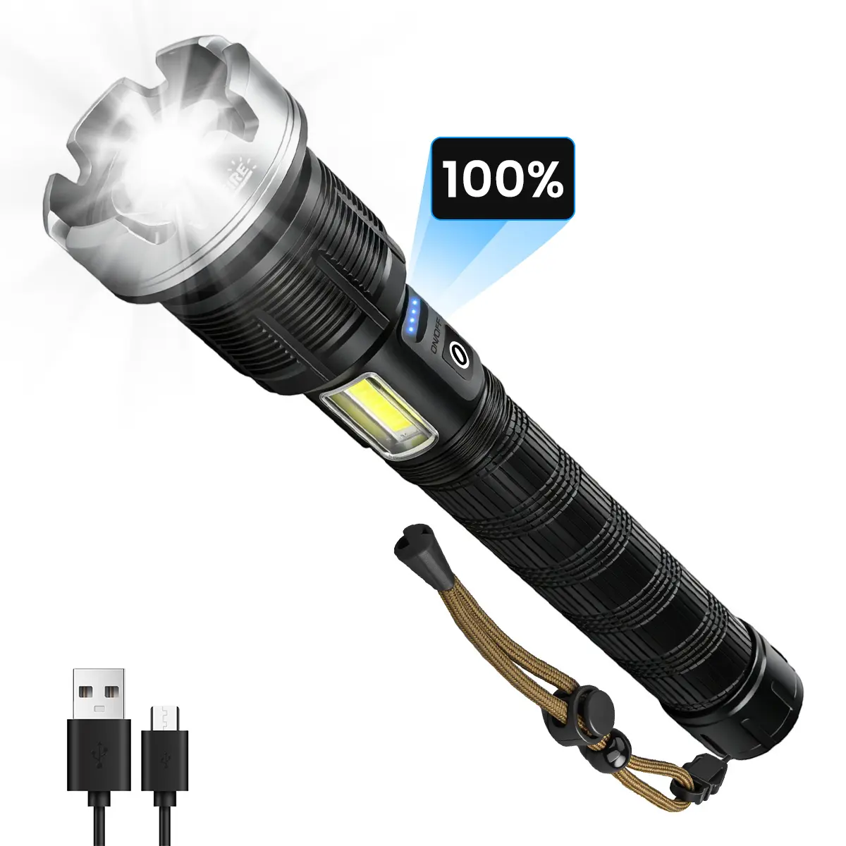 4-Core Super Bright LED Flashlight - USB Rechargeable, Zoomable Tactical Torch with Side COB Red Strobe Light, Power Bank Function, 4 Blue Power Indicators, IPX4 Waterproof, Aluminum Body, Outdoor Ready LED Lights for Camping Users, Emergency Use