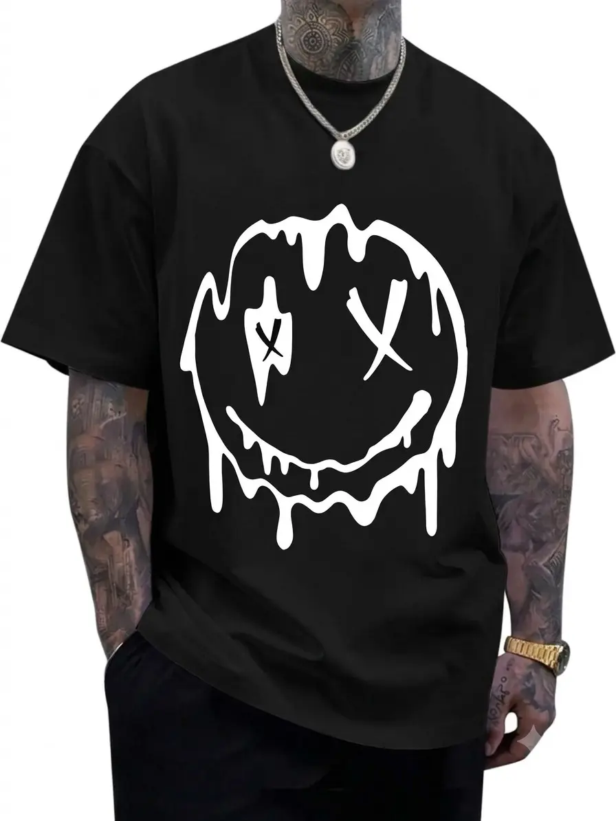 Men's Regular Fit Melting Smiley Face Graphic T-Shirt - Grunge Aesthetic Rock Streetwear Top, Premium Soft Breathable Cotton, Machine Washable Cold Wash, Classic Short-Sleeve, Unisex Normal Type, Retro, Shopping, Outdoors Parties, Refer to Size Chart