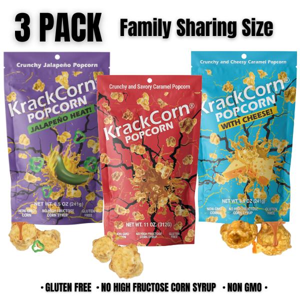 KrackCorn Popcorn Large Variety Packs+Options With A FREE Bag! Three Flavors. Crunchy Caramel. Savory Cheese. Spicy Jalapeno Heat. Gluten Free. Non GMO Corn. No High Fructose Corn Syrup.