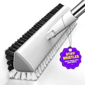 Grout Brush with Long Handle, Heavy Duty Tile Grout Cleaning Brush with Stiff Bristles, V-Shaped Grout Scrubber for Shower, Bathroom Floor, Kitchen Tile