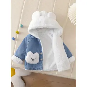 1pc Embroidered Bear Pocket Denim-Plus Velvet Coat for Girls - Pink & White Options, Hooded Long Sleeve Winter Coat with Plush Lining, Machine Washable Cute Elegant Outerwear for Outdoor, Holidays, Gifts