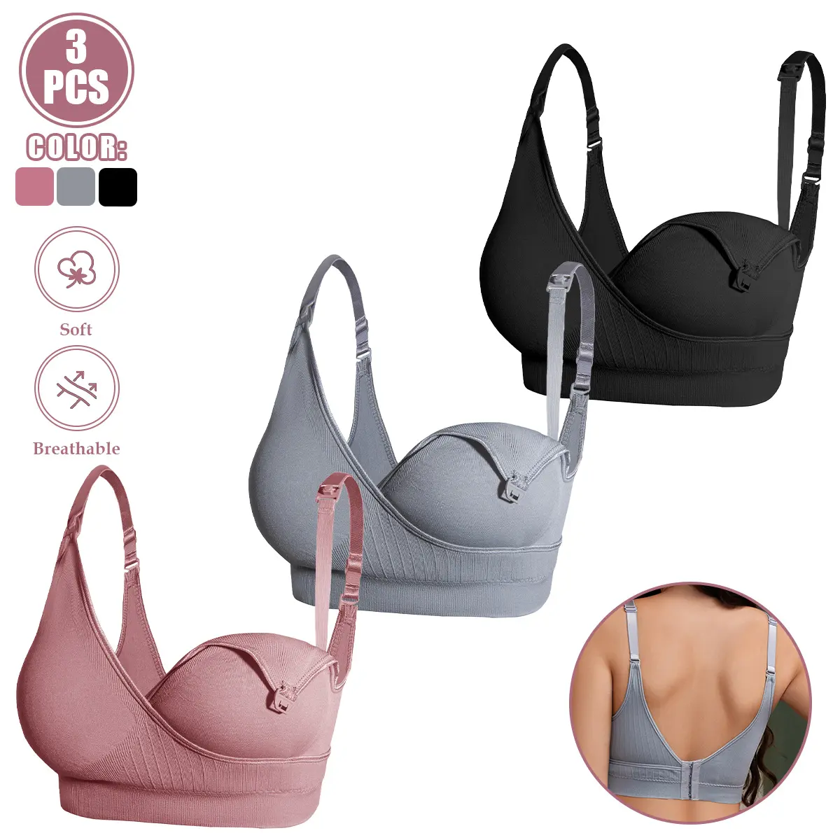 3 Pack Nursing Bra for Breastfeeding Moms - Soft Cotton Seamless Nursing Bras with Easy Clip Access, Breathable & Comfortable Maternity Bra for Pregnancy & Postpartum